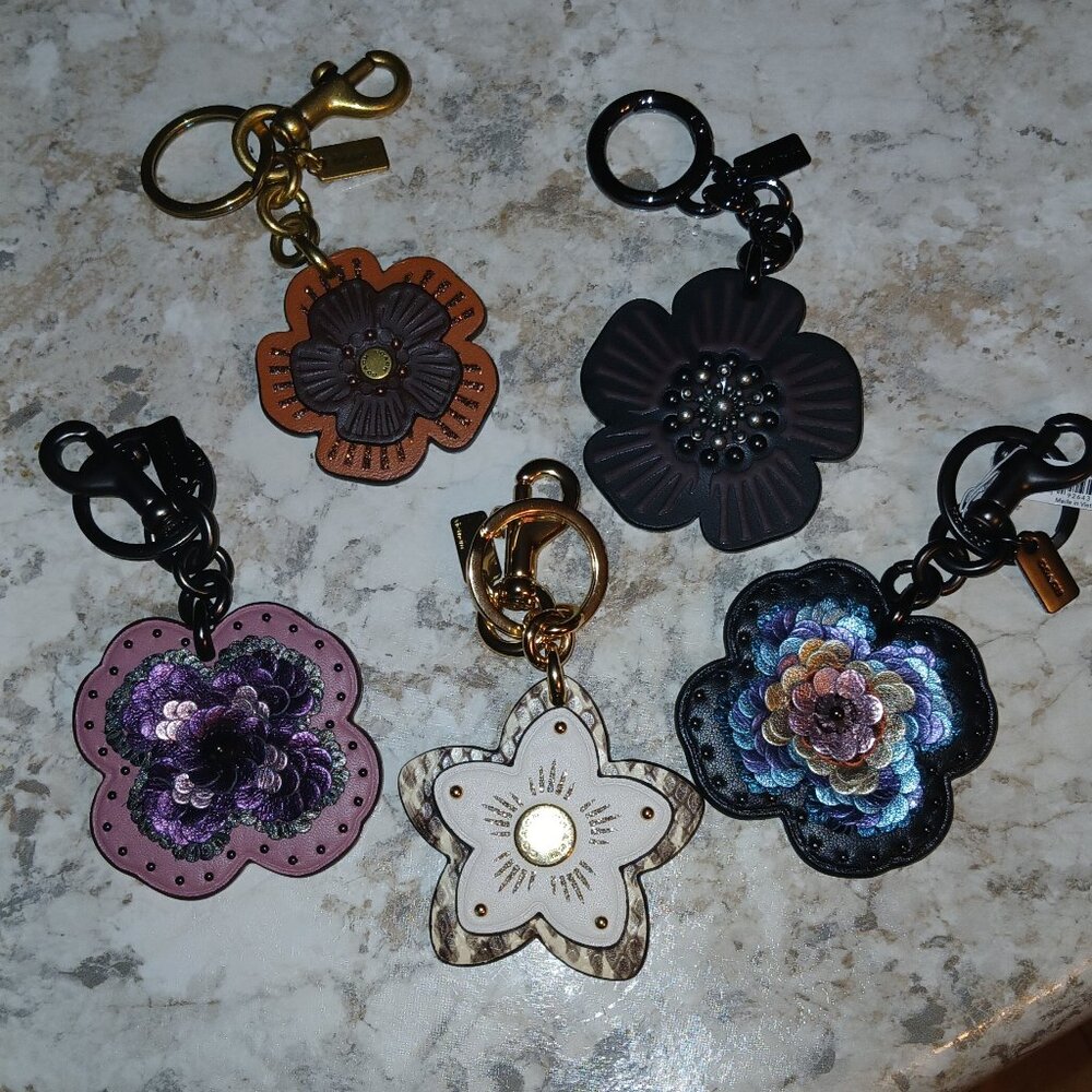 COACH Set of 5 Flower Leather Bag Charms/Key Chains.